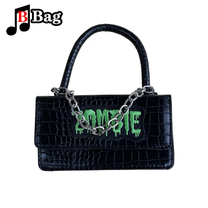 Y2K Punk Embroidered Bag Women Girls Gothic Crocodile print PU Leather Shoulder Bags Handbag Female Hip hop trend messenger bag