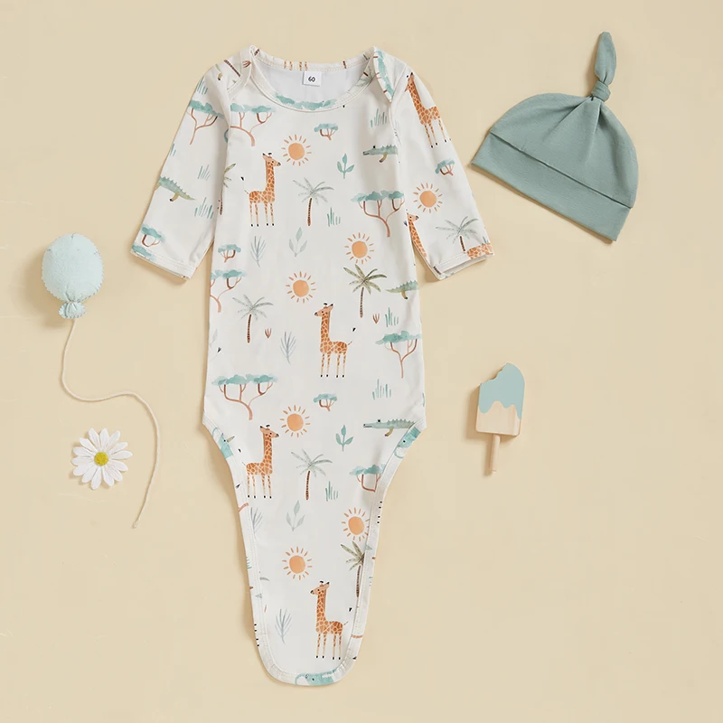 ถุงนอนเด็กทารกสัตว์พิมพ์แขนยาวถุงนอนพร้อมหมวกผูกปมชุด 2 ชิ้น