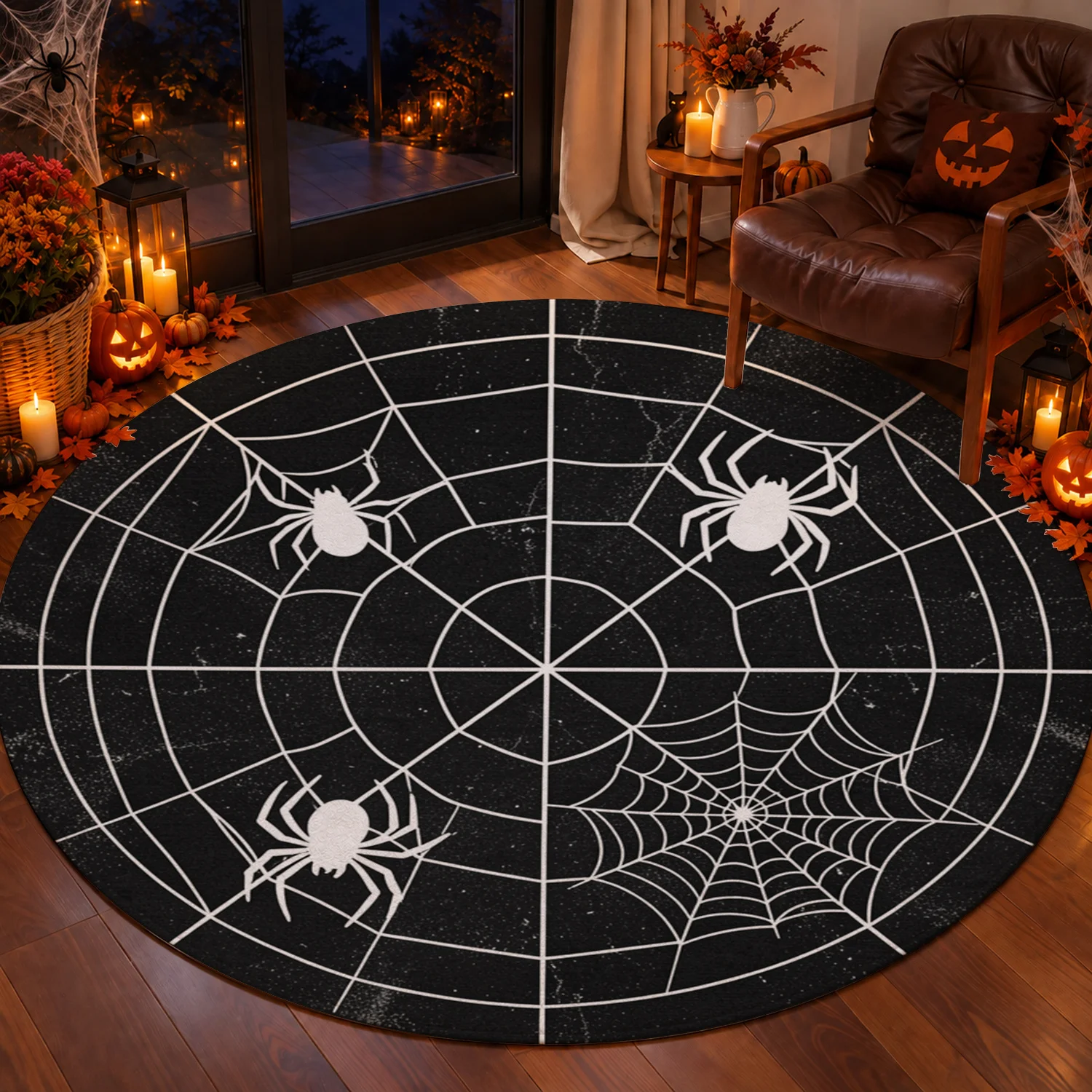 Spider Web Spider Print Round Velvet Decorative Floor Mat, Machine Washable Soft Rug for Living Room, Bedroom, Entryway, Ideal for Halloween, Thanksgiving, Christmas, New Year, Black Friday, Cyber Monday Themed Holiday Decor