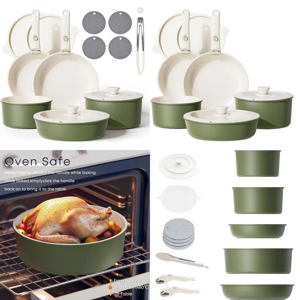 

Stackable Nonstick Cookware Set with Removable Handles, 5-Piece, Induction Compatible, Dishwasher Safe for RV, Camping, and Stov