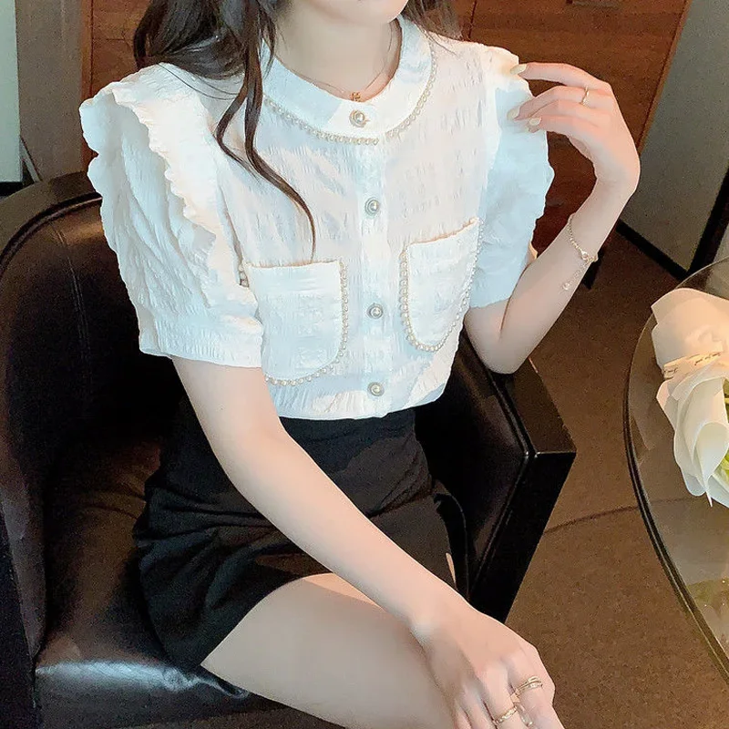 Sweet Temperament White Shirt Tops Short Sleeve O-neck Solid Color Pleated Fashion Blouse Korean Trend Women Clothing Summer New