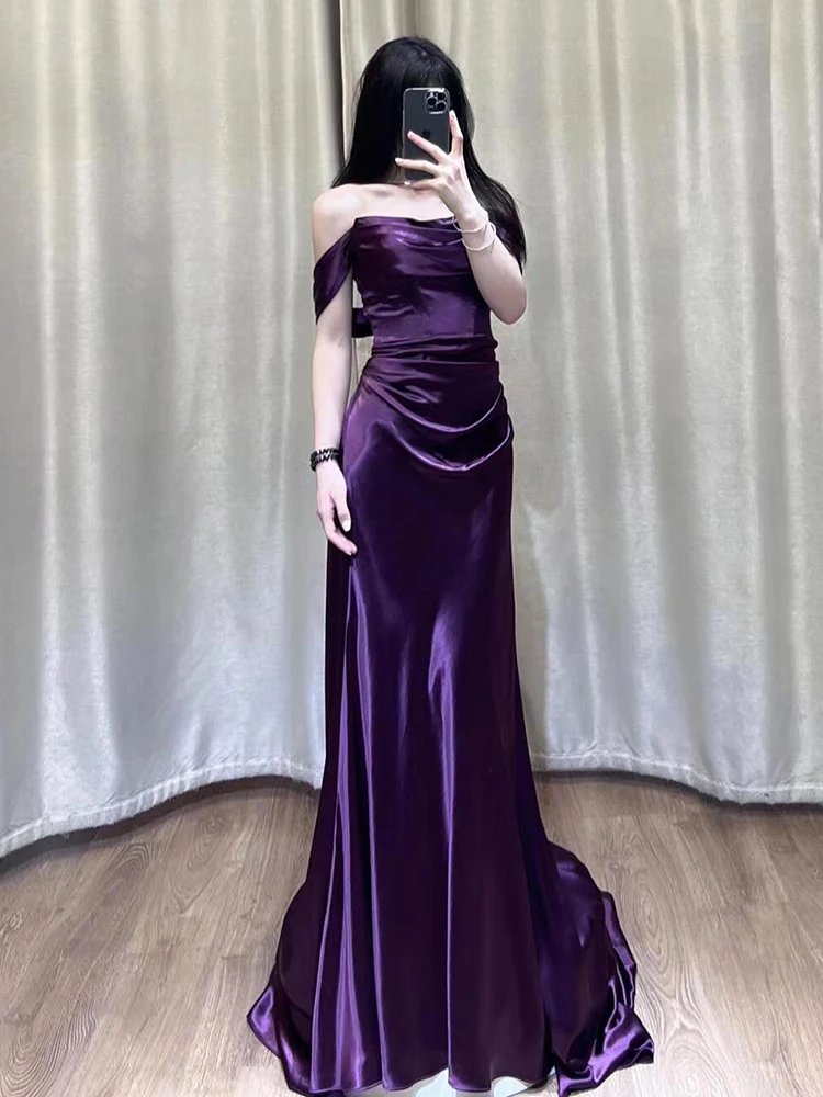 

Ele Purple Satin Evening Gown oulder Bared Fi Tail Dr for Banquet Simple And Generous Host Long Skirt Dr