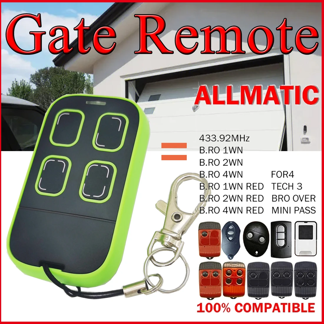 

For ALLMATIC FOR4 TECH3 / BRO OVER / MINI PASS BRO1WN BRO2WN BRO4WN RED Gate Opener 433MHz Rolling Code ALLMATIC Remote Control