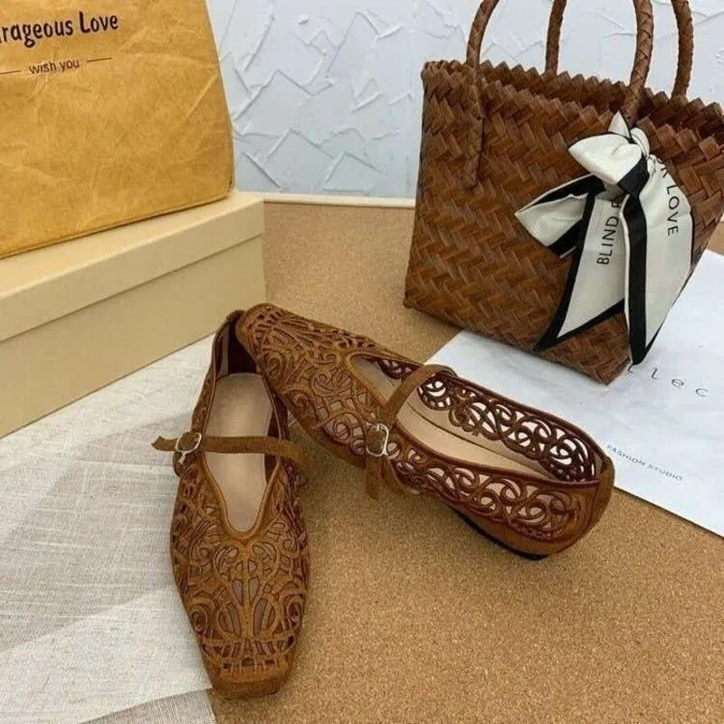 Women Hollow Cutout Mary Jane Flats Square Toe Single Strap Buckle Flat Shoes Ladies Breathable Summer Casual Dress Ballet Shoes