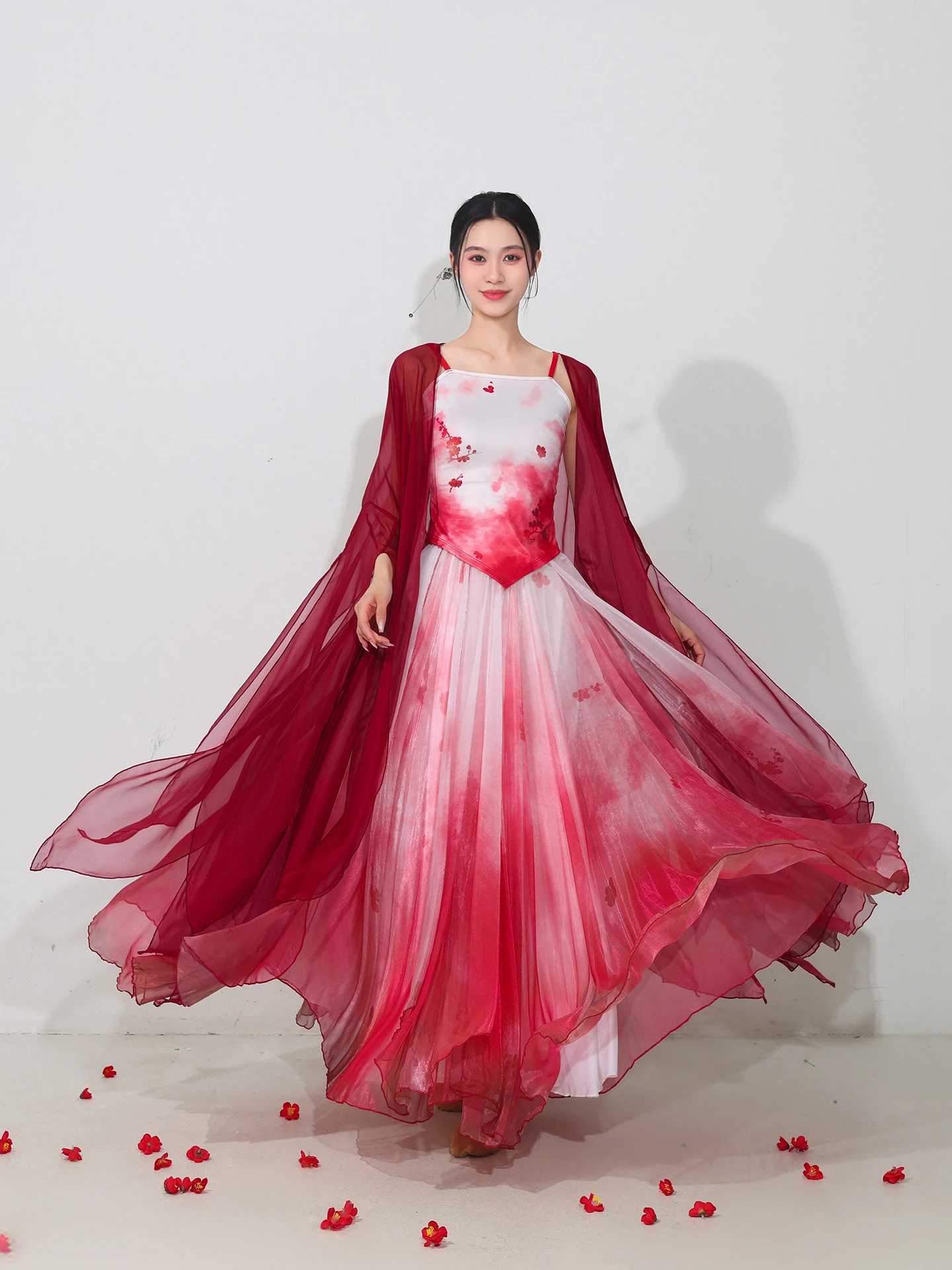 Elegant Red Tunic Top with Fluffy Skirt for Classical Dance Performance Chinese Style Han Su Xue Mei New National Trend