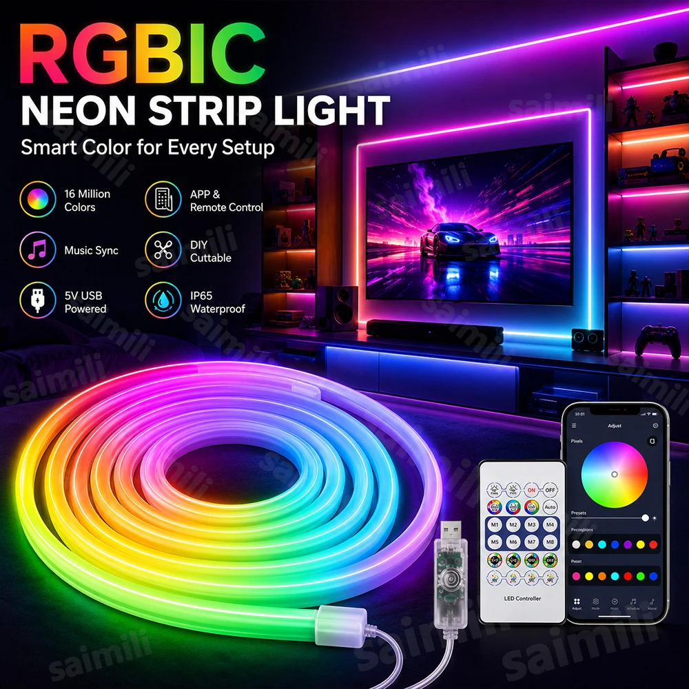 Rope Light Decoration - Lampu Strip Neon Fleksibel RGBIC, Sinkronisasi