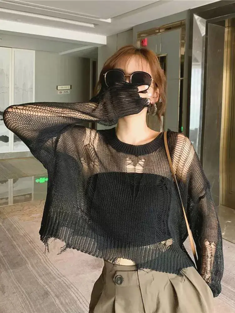 Thin Sweater Women Pullover Gothic Hollow Out Hole Broken Streetwear Destroyed Ripped Sweater Korean Fashion Long Sleeve Tops