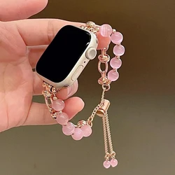 Bracelet Band For Apple Watch Ultra With Cat's Eye Stones And Steel Chains For Girls Elegant Style Apple Watch Series 9 8 7 6 SE