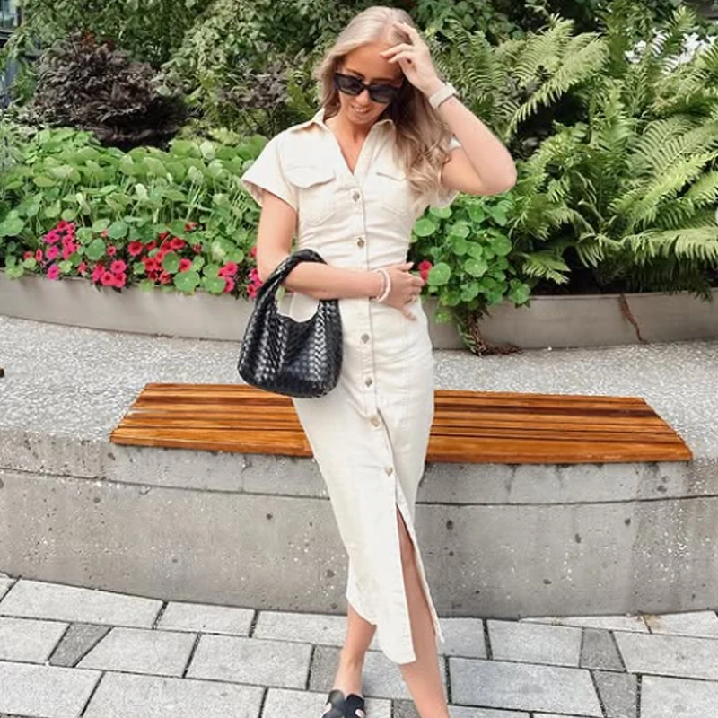 HXAO Blaues Jeanskleid, gerüscht, lange Kleider, kurze Ärmel, elegante Kleider, Damen-Sommer-Midikleid, Knopf, figurbetont, Freizeitkleider