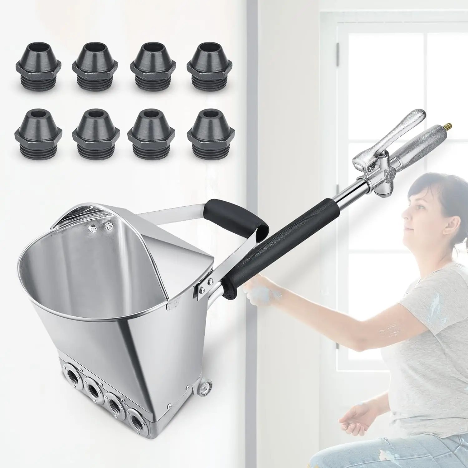 Plastering machine, cement mortar plastering gun, 4 spray hopper guns, spray gun, wall painting tool, 8 additional metal nozzles