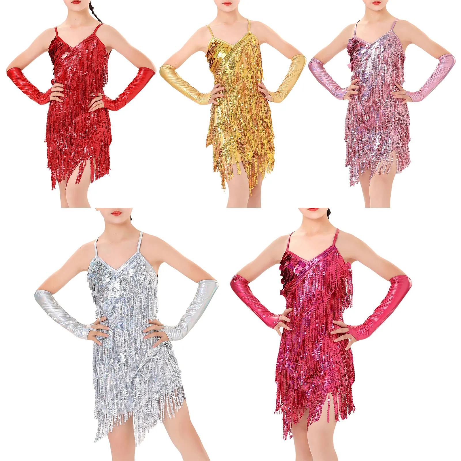 Kids Girls Latin Jazz Dance Dress Performance Outfit Spaghetti Straps Self-Tie Backless Sparkly Sequins Tassel Dress with Gloves