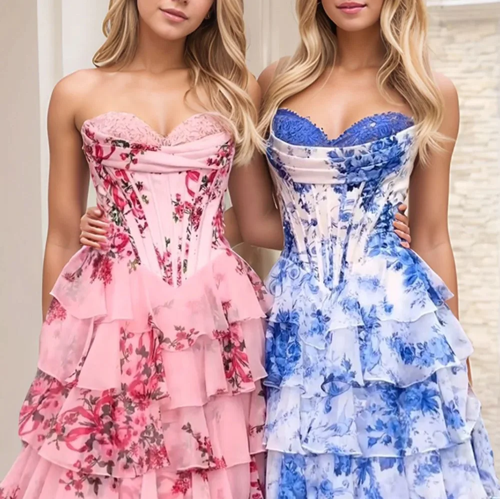 NovelTeez Women's Sexy Strapless Tiered Dress - Floral Print Party Gown with High Slit & Backless Detail