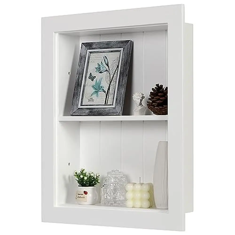 

White Wood 2 Tier Recessed Wall Niche Shelves Shelf Insert Modern Contemporary Bathroom Bedroom Kitchen Storage Solution