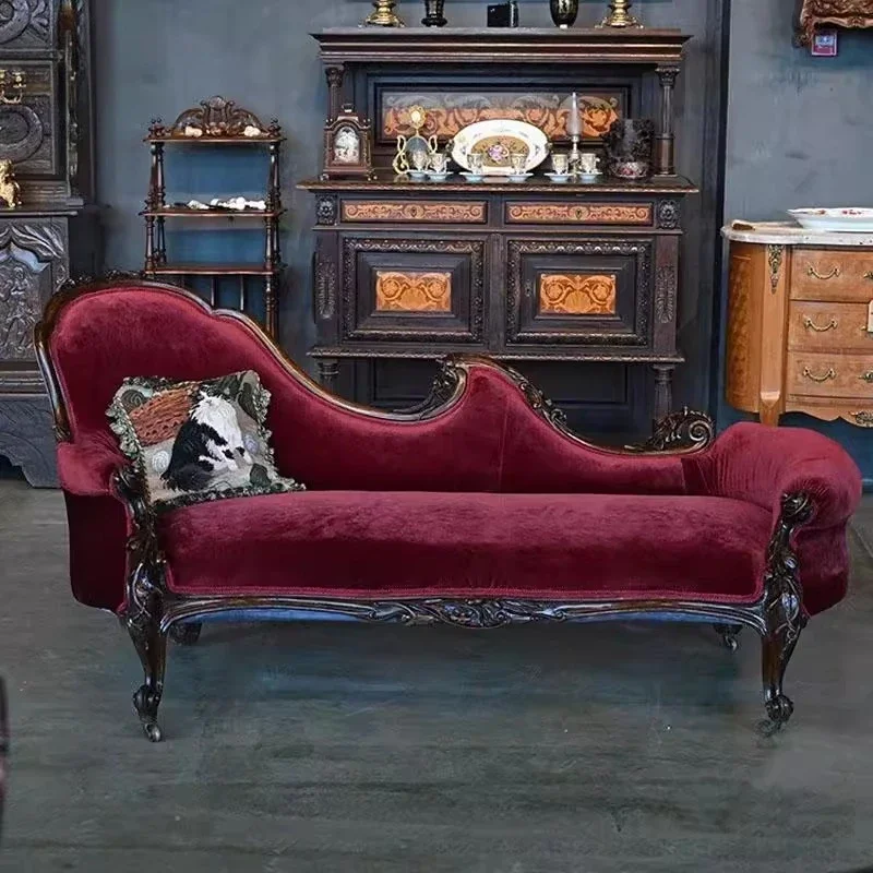 

X Retro solid wood, chair velvet carved medieval living room balcony, recliner, leisure sofa
