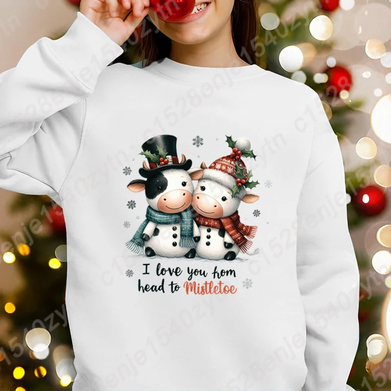 Christmas Cow I Love You Hom Head To Mistletoe Print O Neck Sweatshirts Children Casual Hoodless Pullovers Pure Color Sweatshirt