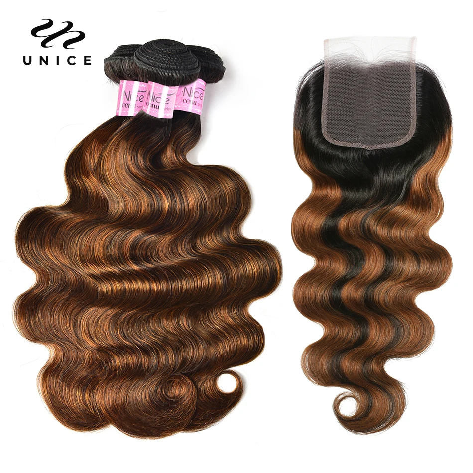 UNICE Hair Brown Balayage Body Wave Human Hair Bundles with Closure Free Part Transparent 4X4 Lace Closure And 2/3/4 PCS Bundles