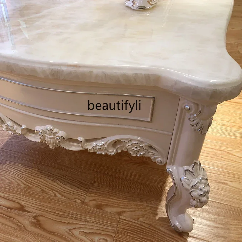 

European marble coffee table French full solid wood carving flower 1.5 meters high foot coffee table living room a16