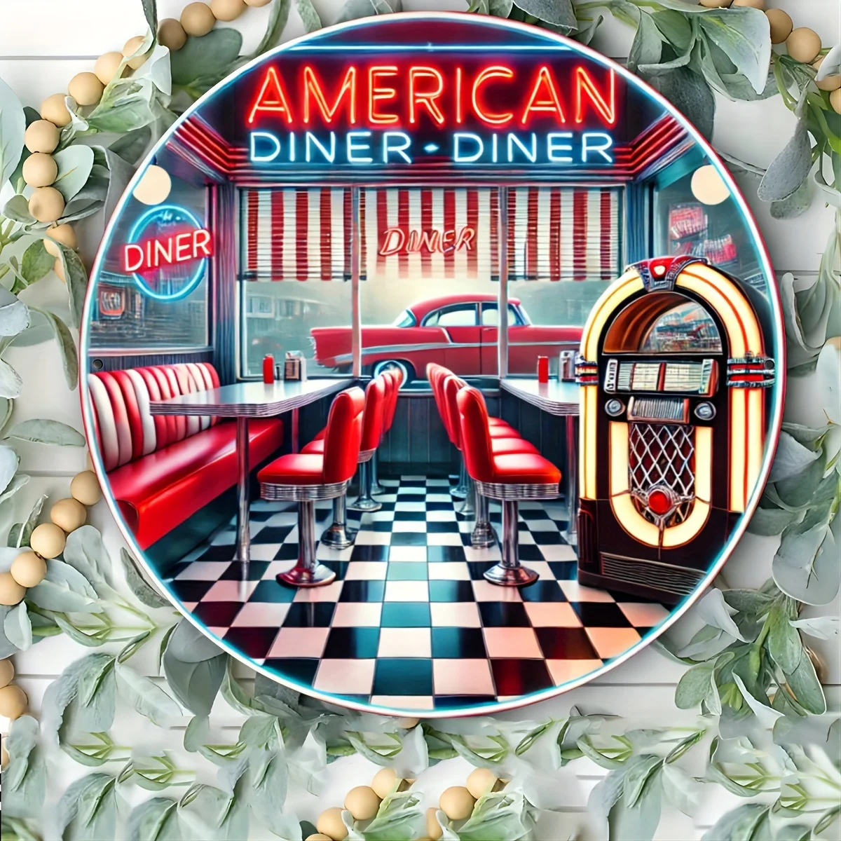 2D flach, offen, 1 Stück 2D flaches Aluminiumschild, Retro-amerikanisches Restaurant-Blechschild – 7,8 Zoll runde Wandkunst, geeignet für