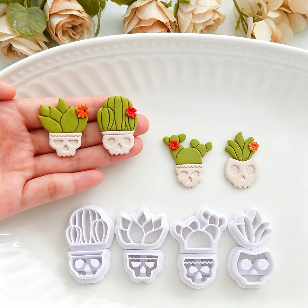 2pcs/set Jewelry Making Kit Halloween Skull Soft Pottery Polymer Clay Cutter Skeleton Potted Plant DIY Earring Cutting Mold Tool