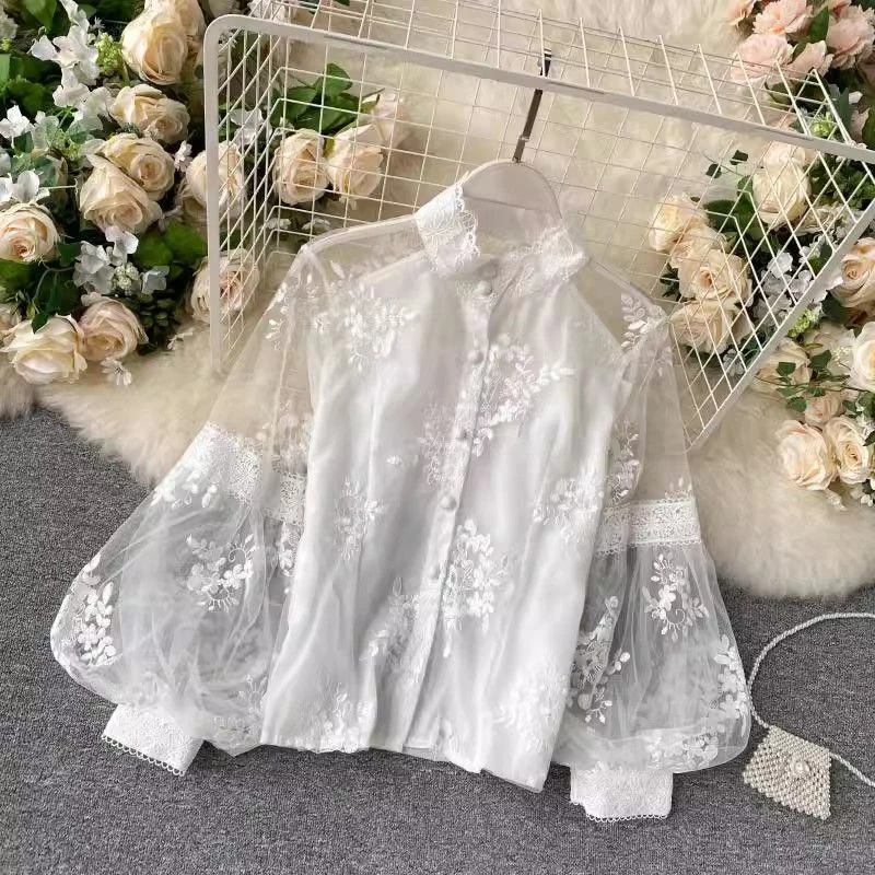 French Vintage Mesh Lace Blouse Women Elegant Puff Sleeve Sheer Casual Shirt Stand Collar Sweet White Spring Summer Jacquard Top view 5