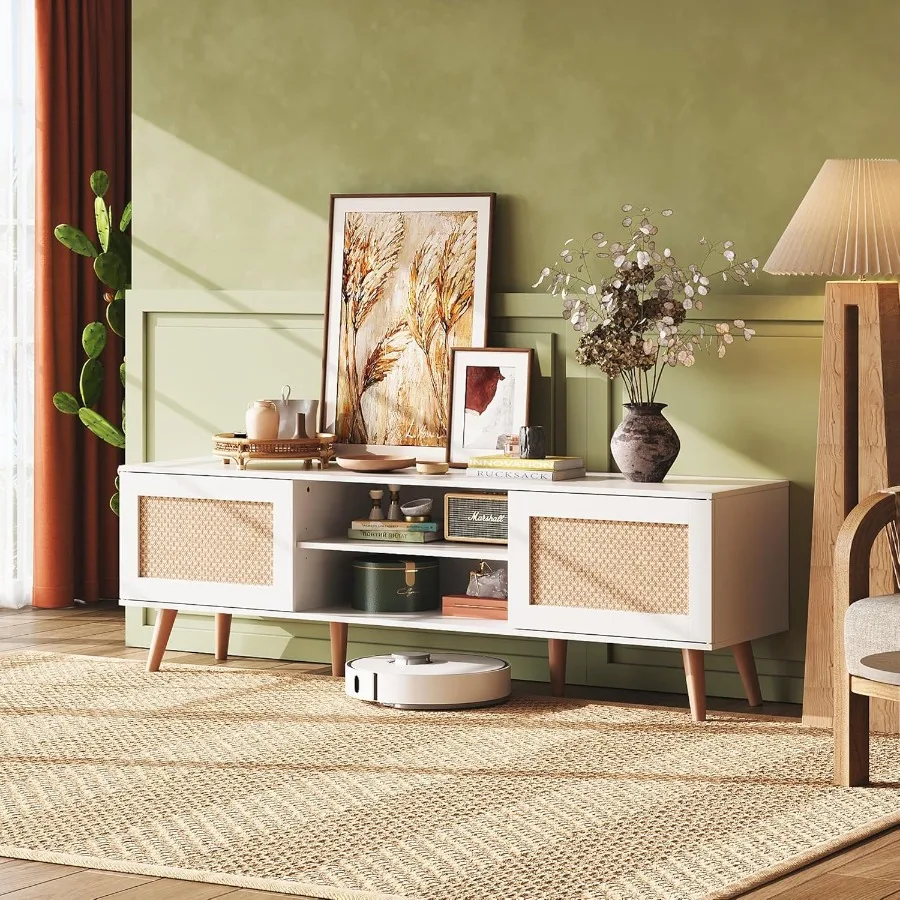 حامل تلفزيون لتلفزيون 65 بوصة 58 حامل تلفزيون بوهو لمركز الترفيه لوحدة تحكم تلفزيون غرفة المعيشة مع خزائن تخزين باللون الأبيض