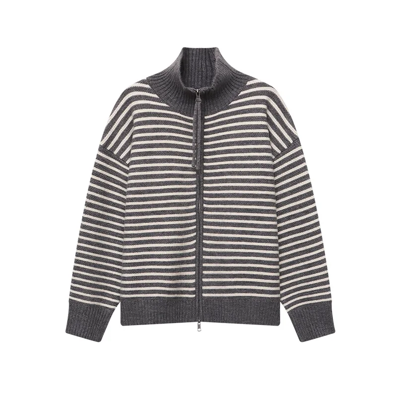

Striped Women Cardigan Sweaters Knitted Jumpers Turn Down Collar Long Sleeves Double Zipper Loose Fit Casual 2025 Autumn Winter