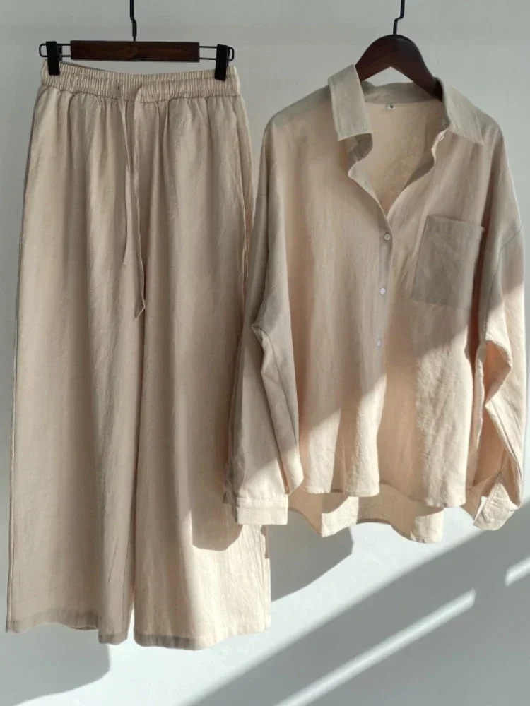 Image of Camicia con pantaloni retrò Set da due pezzi per donna 2025 Abito casual da donna con camicia a maniche lunghe in lino di cotone moda primavera estate cod004