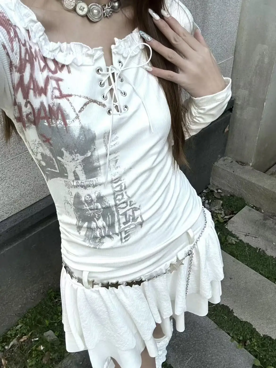 White Tiered Dress Ruffle Neck Lace Up Front Long Sleeve Vintage Angel Print Ruched Sleeve With Waist Belt Slim Fit Mini Dress