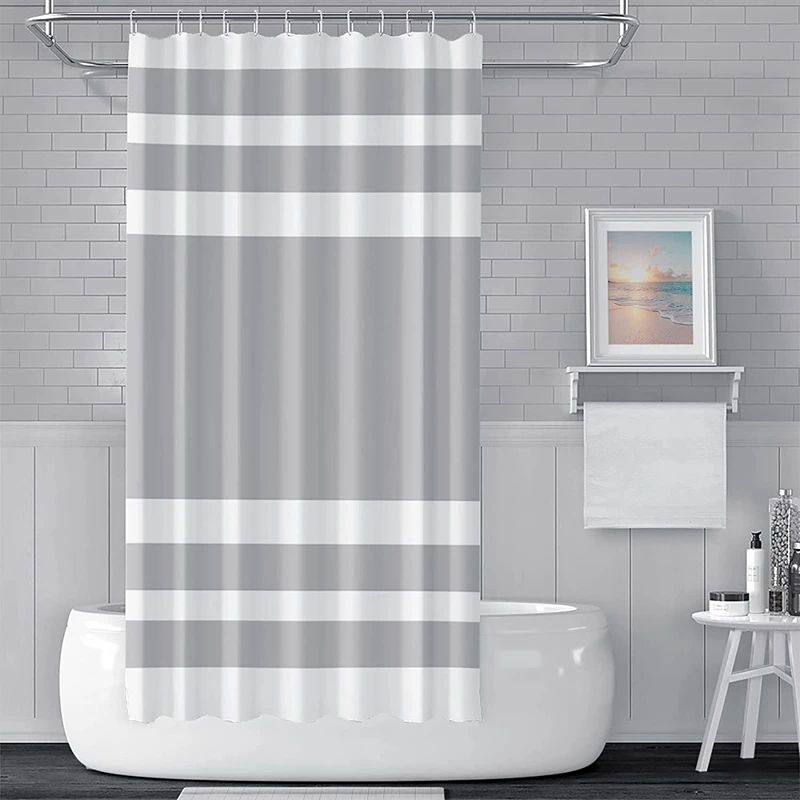 Inyahome White Grey Shower Curtain for Bathroom Boho Shower Curtain Cloth with Hooks Bohemian Stripe Fabric Shower Curtains