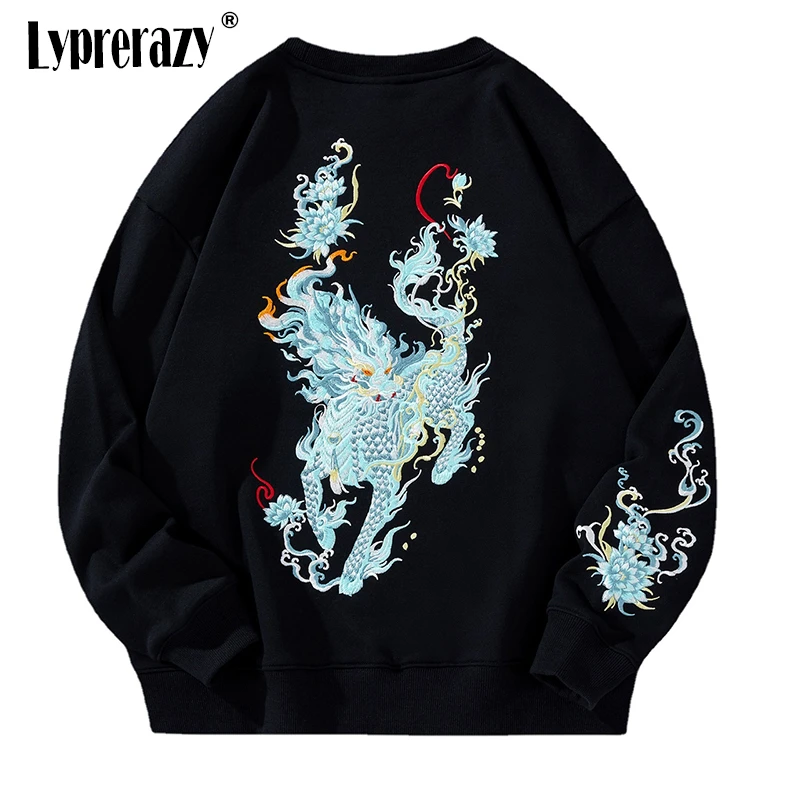 Lyprerazy Autumn Winter New Dragon Embroidery Hoodies National Tide Chinese Style Men Cotton Crew Neck Pullover Tops