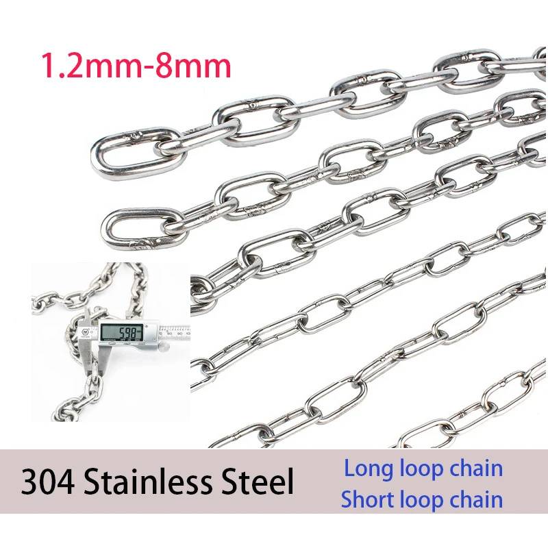 

1Meter 1.2-8mm Diameter 304 Stainless Steel Chain Long Link Chain/Short Link Chain Lifting Pet Industry Welded Binding Chain