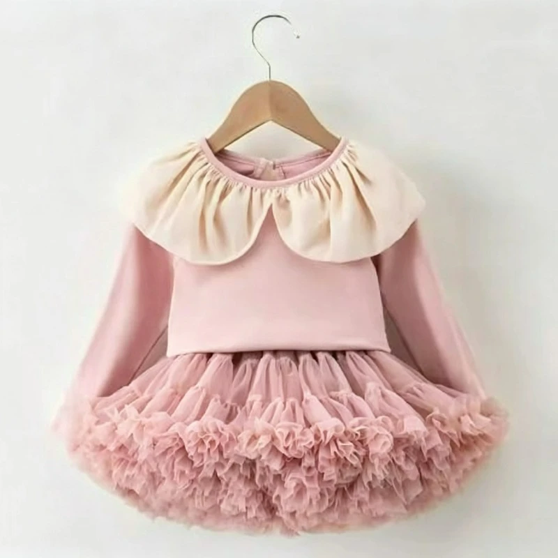 New Children Girls Ruffle collar Long-sleeved T-shirt + Tutu Skirt Summer Ruffled Fluffy Tulle Skirt 2Pcs Clothing Sets W-S1038