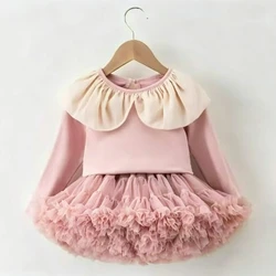 New Children Girls Ruffle collar Long-sleeved T-shirt + Tutu Skirt Summer Ruffled Fluffy Tulle Skirt 2Pcs Clothing Sets W-S1038