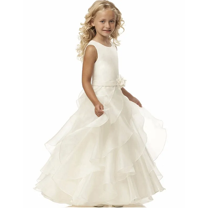 

White Flower Girl Dresses for Weddings Princess Kids Evening Party Prom First Communion Pageant Sequin Lace Applique Ball Gowns