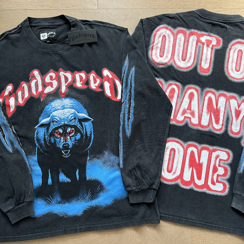 

Ретро-футболка Godspeed в американском стиле INS, модная, свободного кроя, с длинным рукавом, из чистого хлопка, с принтом волка, уличная одежда, повседневная, в стиле Ciwalk