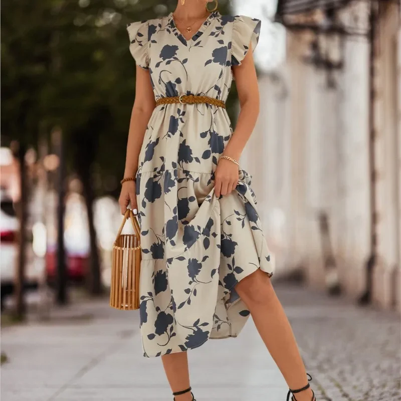 

Summer fashion floral V-neck dress Women's flying sleeves Elegant stylish A-line dress Retro party MIDI floor-length dress