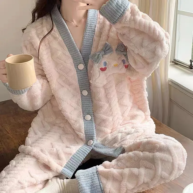 

Пижама плюшевая Sanrio Cinnamoroll со звездами, домашняя одежда, утепленная фланелевая теплая мультяшная пижама для девочек на день рождения, зима