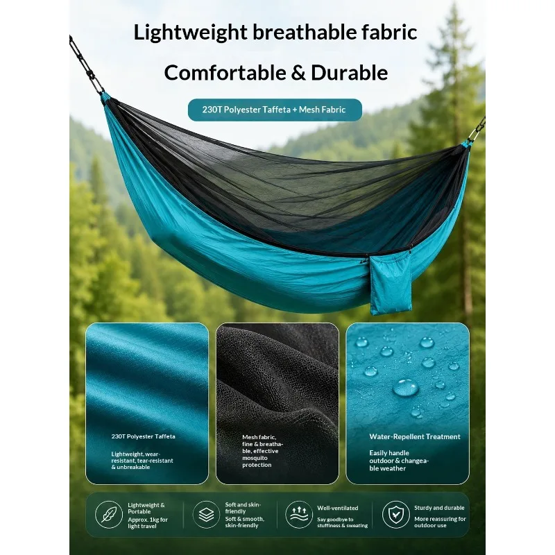 Anti-rollover Double Hammock Durable Nylon Material 250kg Heavy Load with Mosquito Net for Hiking Camping Adults Couples Families hammock camp