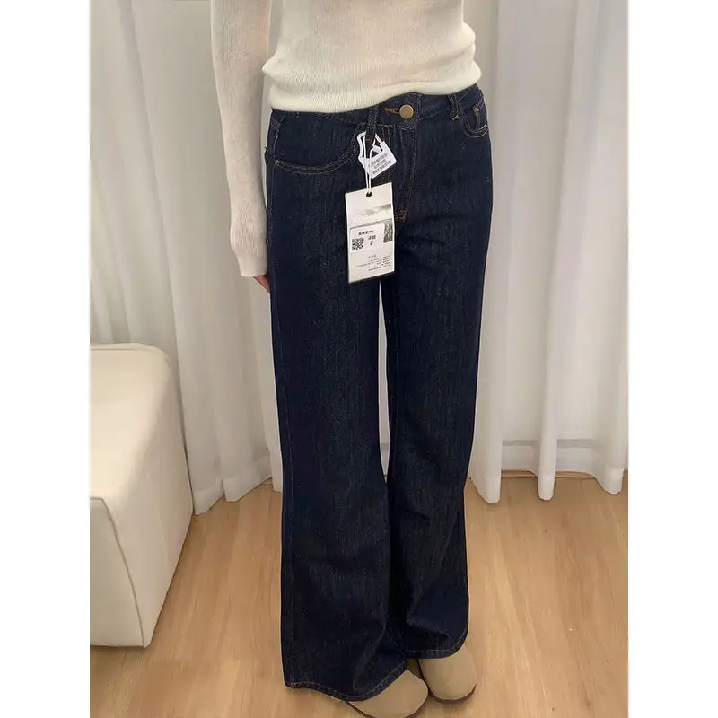 

Женские свободные широкие джинсы в стиле ретро, темно-синие свободные прямые брюки с низкой талией для похудения длиной до пола, повседневные осенне-зимние брюки