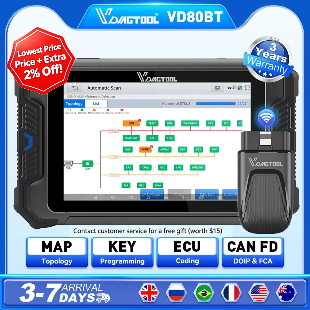 VDIAGTOOL VD80BT Wireless AI Assisted CarAutomotive Diagnostic Scanner 42+Resets All System Active Test Topology Map FCA CAN FD