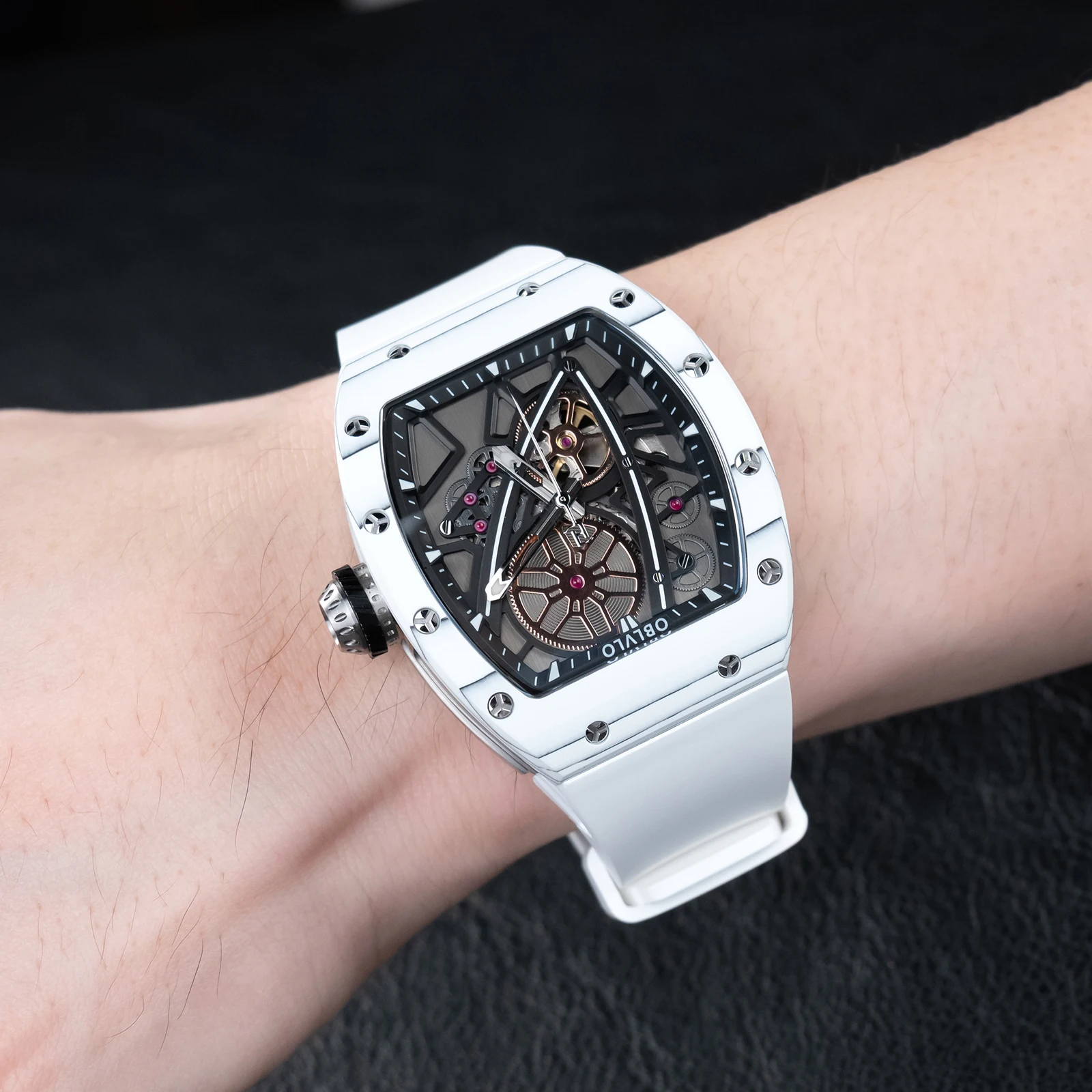 OBLVLO Men's Fashion Skeleton Tonneau Automatic Watch Carbon Fiber White Super Luminous Silicone Strap Luxury Sport Watch XM-NSK