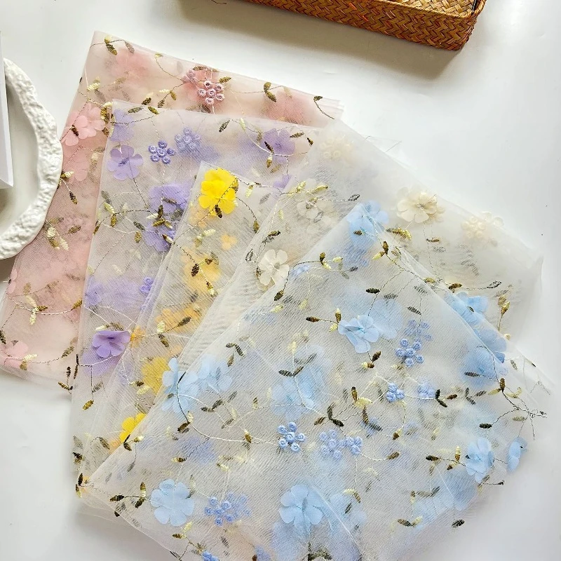 

Three Dimensional Embroidery Organza Flower Packaging Paper French Style Floral Mesh Fabric Handmade DIY Flower Shop Materials
