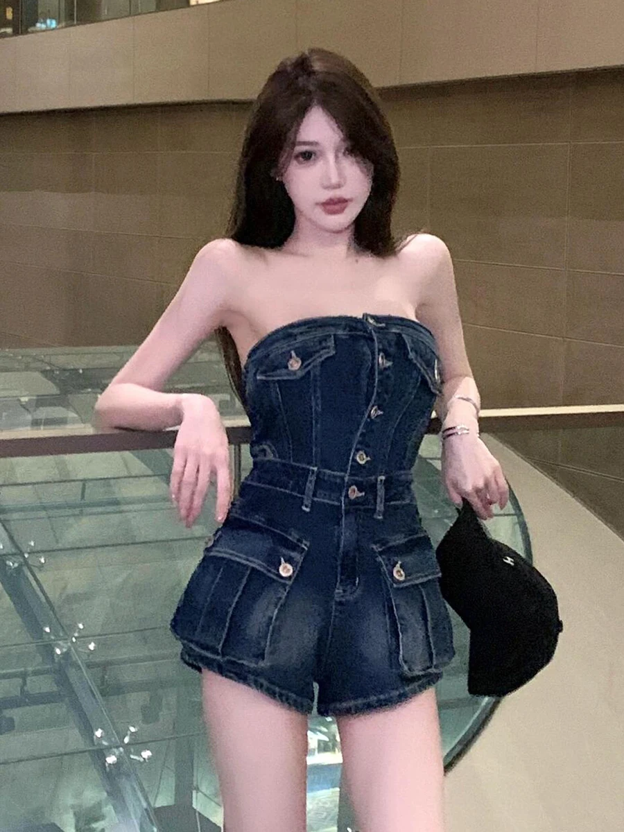 REDDACHiC Single-breasted Denim Tube Jumpsuit Women Cowgirl Cargo Pockets Hollow-out Corset Overall Shorts Vintage Y2k Clothes