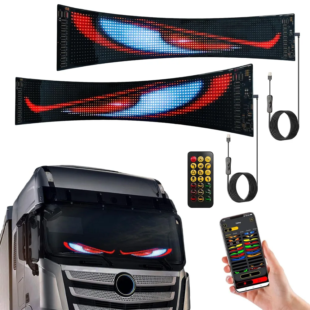 

Свет Devil Eyes для автомобилей, внедорожников, программируемый гибкий светодиодный знак 23,4 x 4,7 дюйма, светодиодные глаза для лобового стекла грузовика с пультом дистанционного управления через приложение