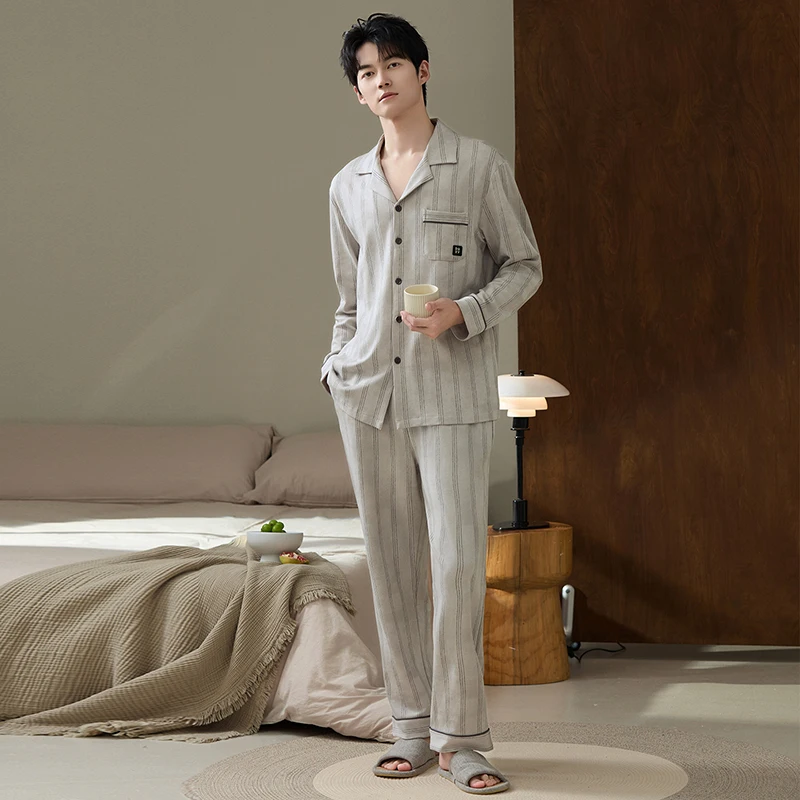 Newest M-4XL Spring and Autumn Men Pajamas Set Men Knited Cotton Striped Pijama