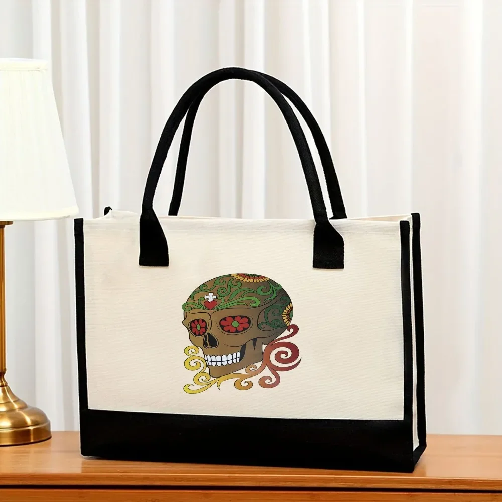 Canvas Shoulder Bags Women Fashion Personalization Skull Print Tote Bag Female Casual Versatile Large Capacity Shopping Bag