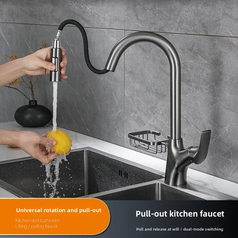 

Серый полностью медный выдвижной смеситель для кухни, поворотный, для раковины, с полкой, термостатический, для ванной комнаты