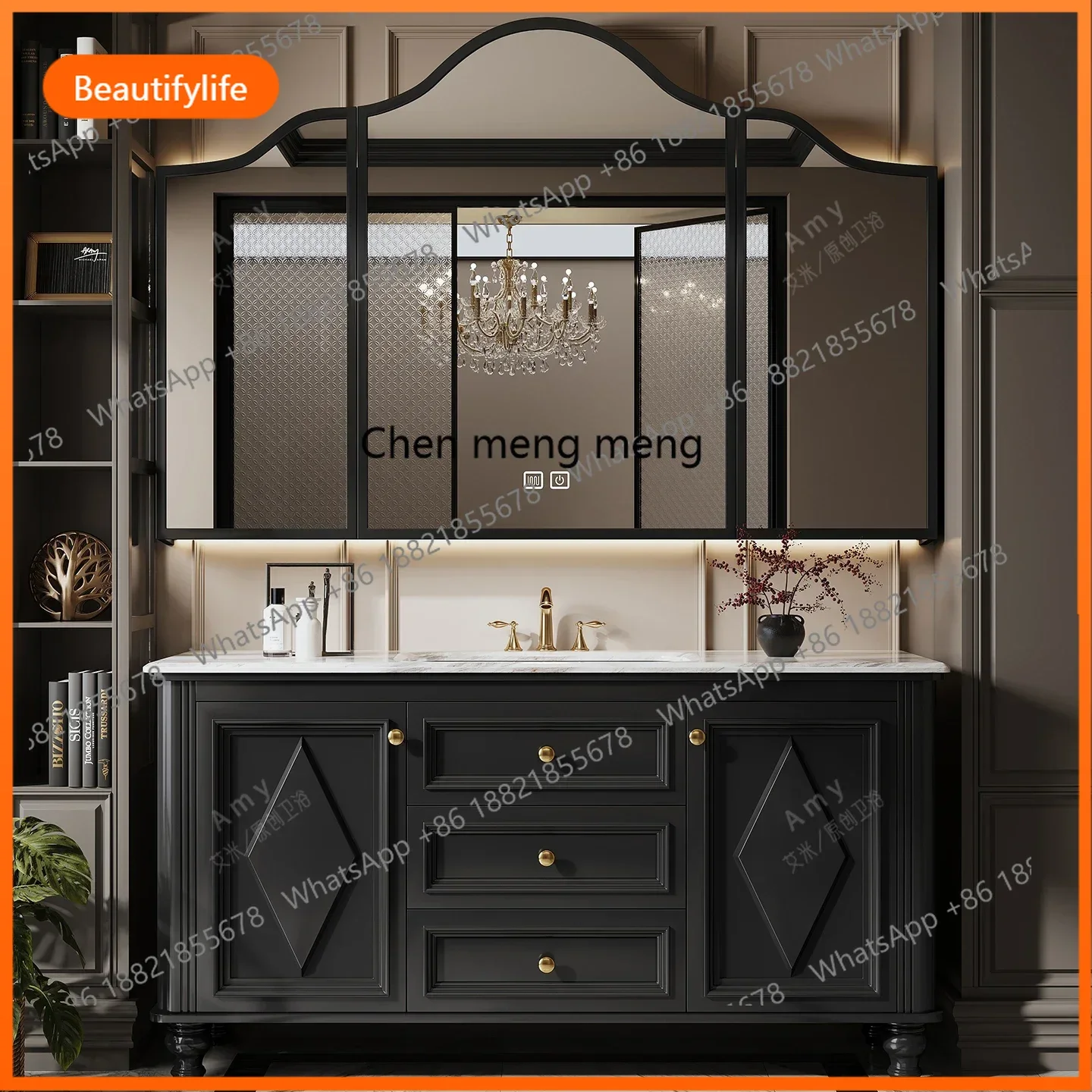 French retro oak floor-to-ceiling bathroom cabinet combination rock slab hot bending washstand bathroom cabinet