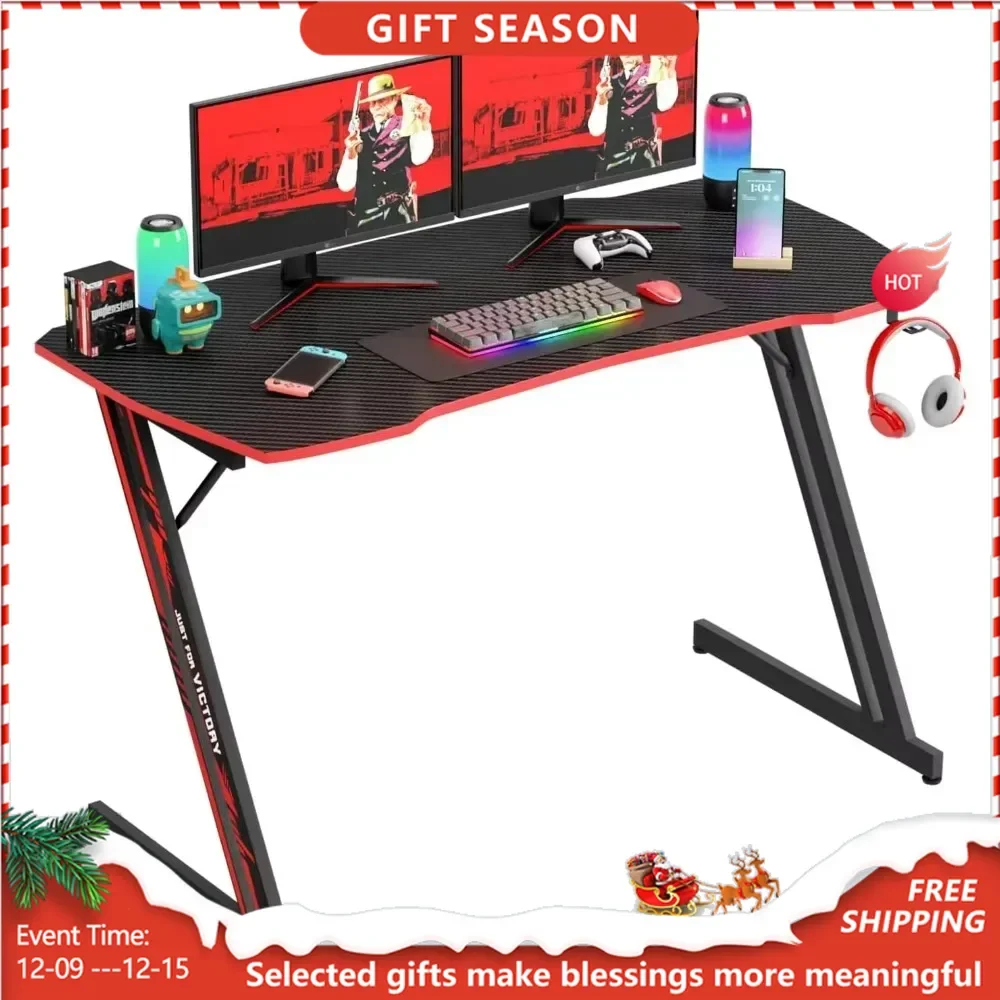 Modern Z-Shaped Gaming Desk Computer Desk for Home Office with Headphone Hook - Sturdy Workstation Table with Spacious Desktop