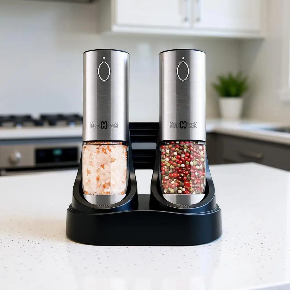 

Dual Stainless Steel Rechargeable Salt & Pepper Grinders with USB Base, Adjustable Coarseness, 190ml Total Capacity, Silver